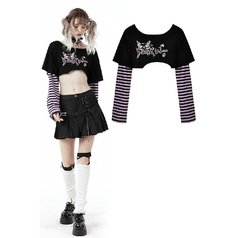 Women's Grunge Cat Printed Striped Sleeve Crop Top