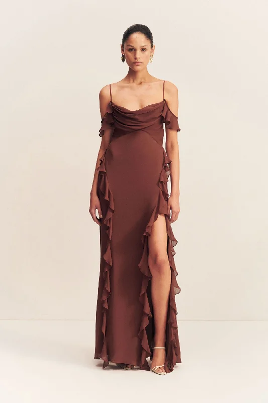 BLAIR RUFFLE COWL MAXI DRESS - COCOA