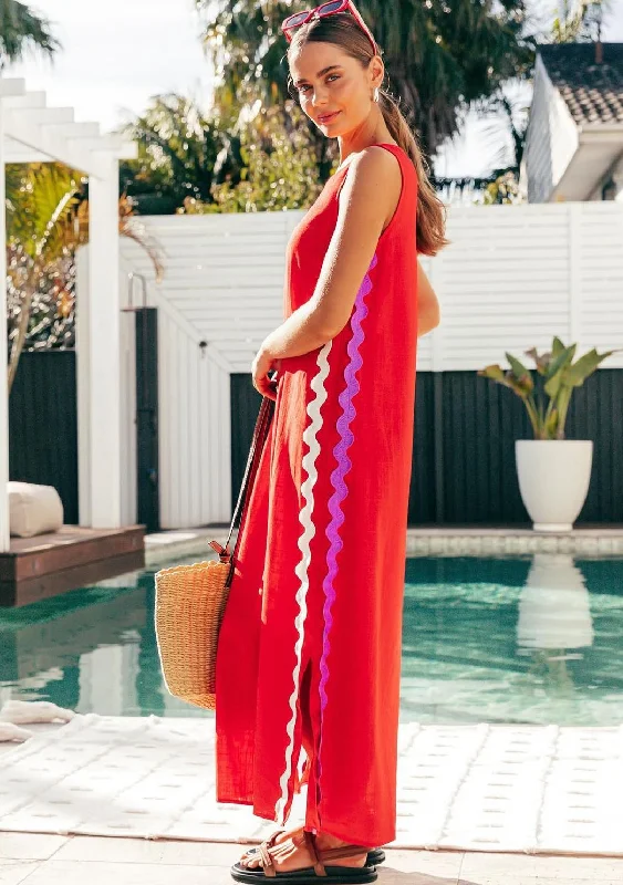 Barcelona Red with White/Purple Ric Rac Maxi Dress