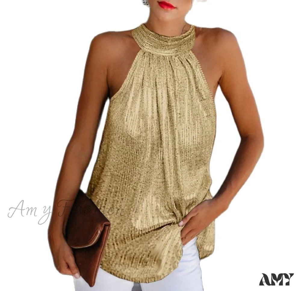 Amy Fashion - Sequin Glitter Strappy Hang-Neck Swing Clubwear Party Night Tank