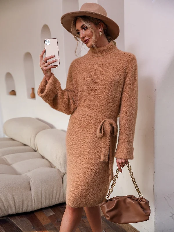 Elegant Plain Belted Long Sleeve High Neck Straight Natural Knee Length Women Sweater Dress