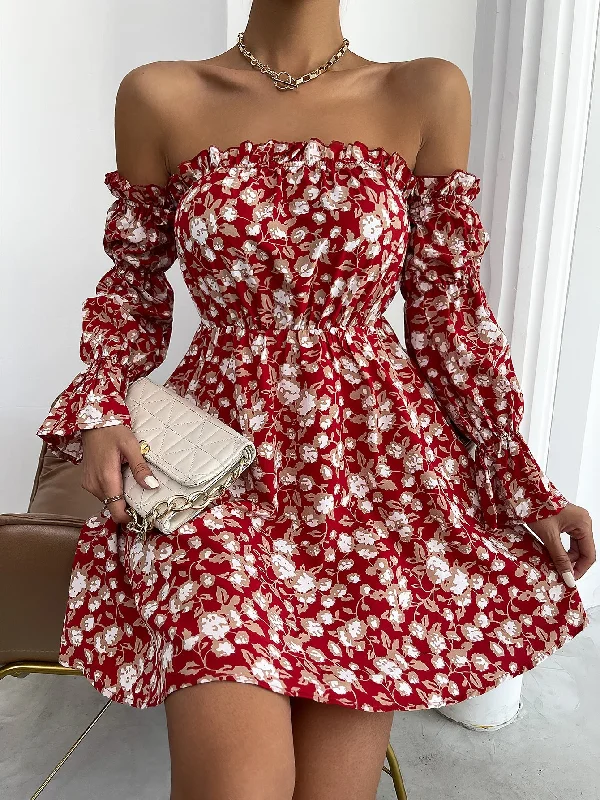 Floral Ruffle Long Sleeve Off The Shoulder Flared High Waist Short Womens Dress