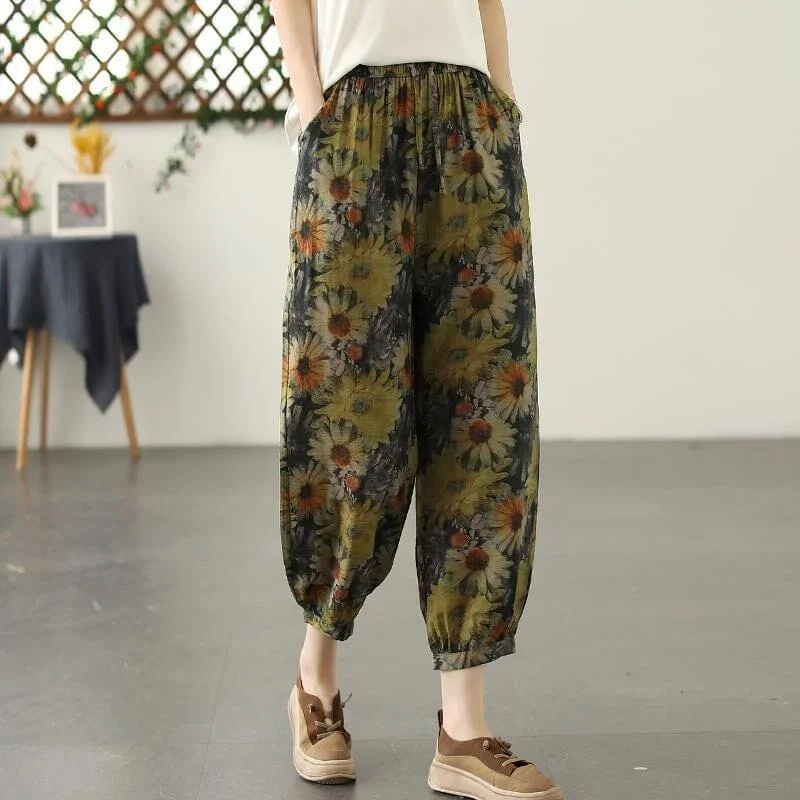 Summer Retro Print Loose Cotton Linen Pants