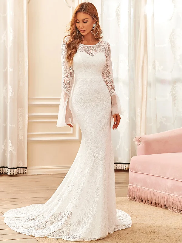 Round Neck Long Pagoda Sleeves Wholesale Wedding Dresses