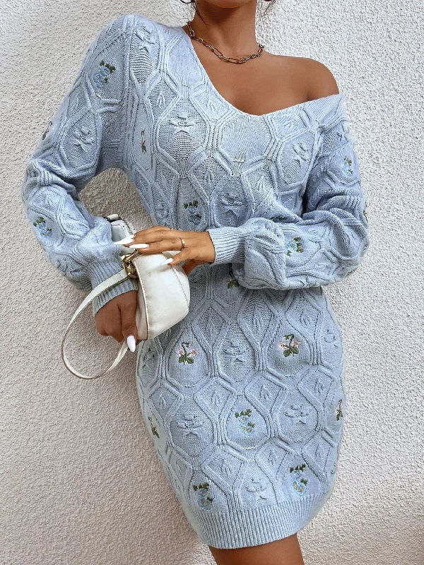 Elegant Floral Embroidery Long Sleeve V Neck Straight Natural Short Women Sweater Dress