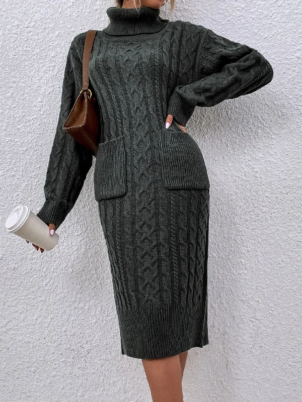 Casual Plain Pocket Long Sleeve High Neck Straight Natural Midi Women Sweater Dress