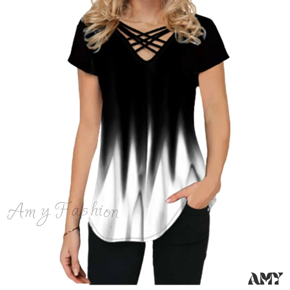 Amy Fashion - Short Sleeve V-Neck Print T Shirt