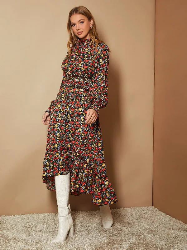 All Over Print Asymmetrical Long Sleeve Stand Collar Flounce High Waist Long Dress