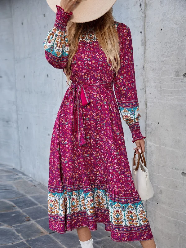 Ditsy Floral Shirred Long Sleeve High Neck Flounce High Waist Midi Dress