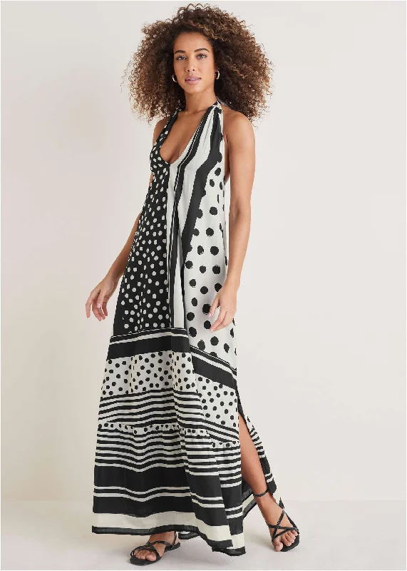 Deep V Halter Maxi Dress - Modern Dot Stripe