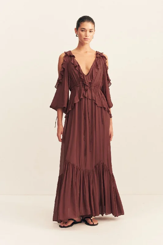 BLAIR RUFFLE DRAWSTRING MAXI DRESS - COCOA