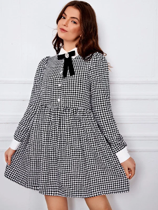 Houndstooth Button Front Long Sleeve Collar Flared High Waist Short Dress