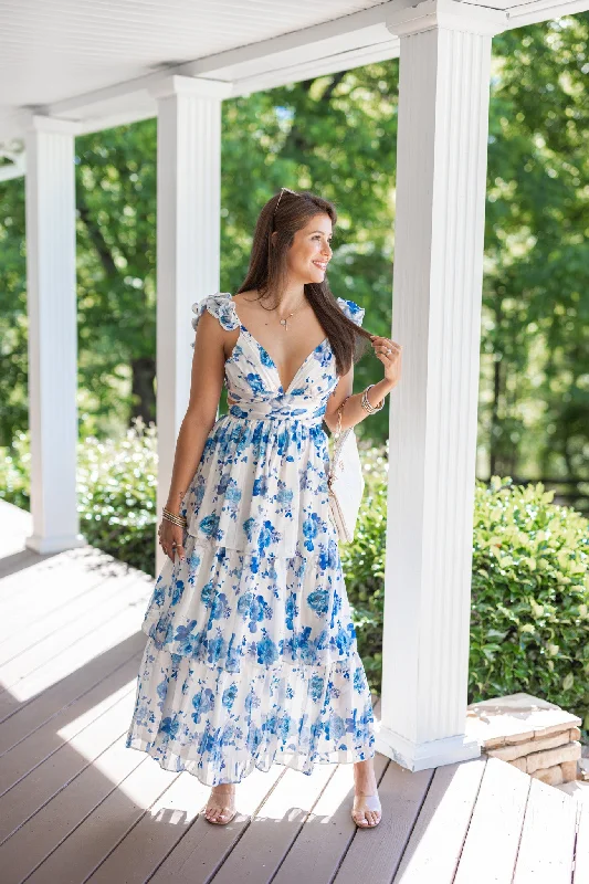 Satin Florals Blue Maxi Dress