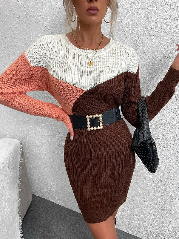 Sexy Colorblock Long Sleeve Round Neck Pencil High Waist Short Women Sweater Dress