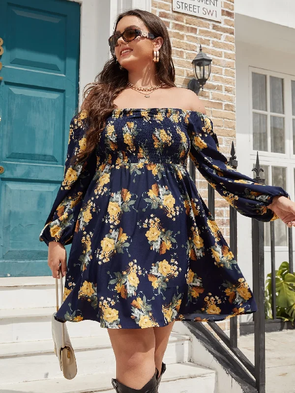 Boho Floral Shirred Long Sleeve Off The Shoulder Flared High Waist Short Plus Size Dress