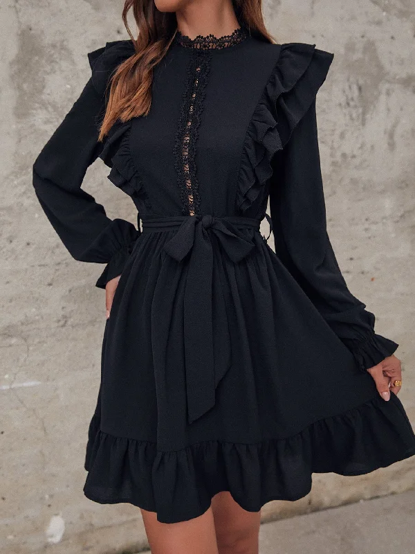 Plain Belted Long Sleeve Stand Collar Flounce High Waist Short Womens Dress