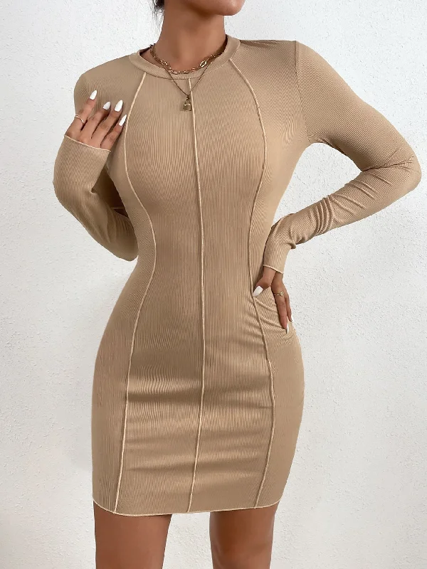 Plain Rib-Knit Long Sleeve Round Neck Pencil Natural Mini Womens Dress