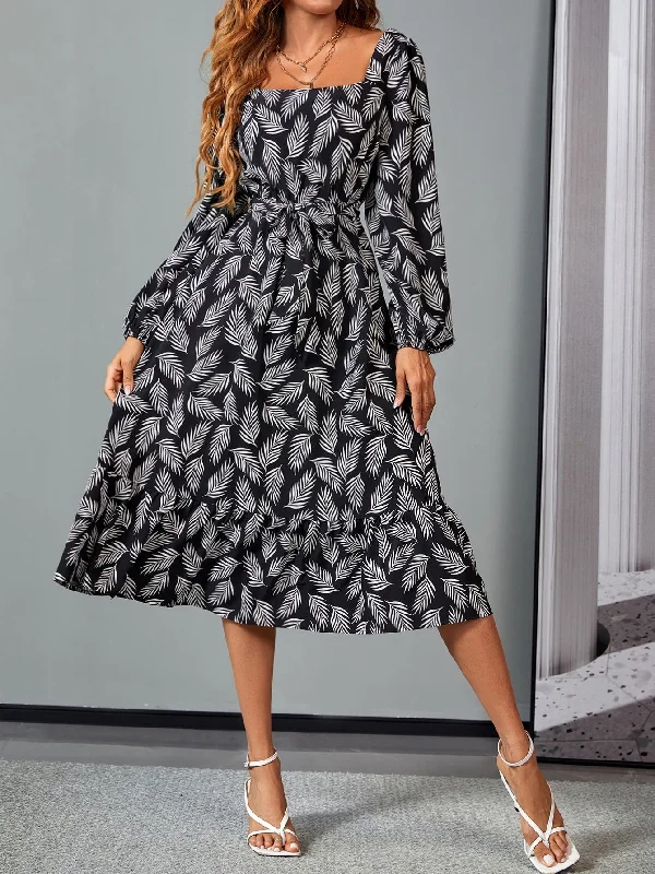 Tropical Belted Long Sleeve Square Neck Flounce High Waist Midi Dress