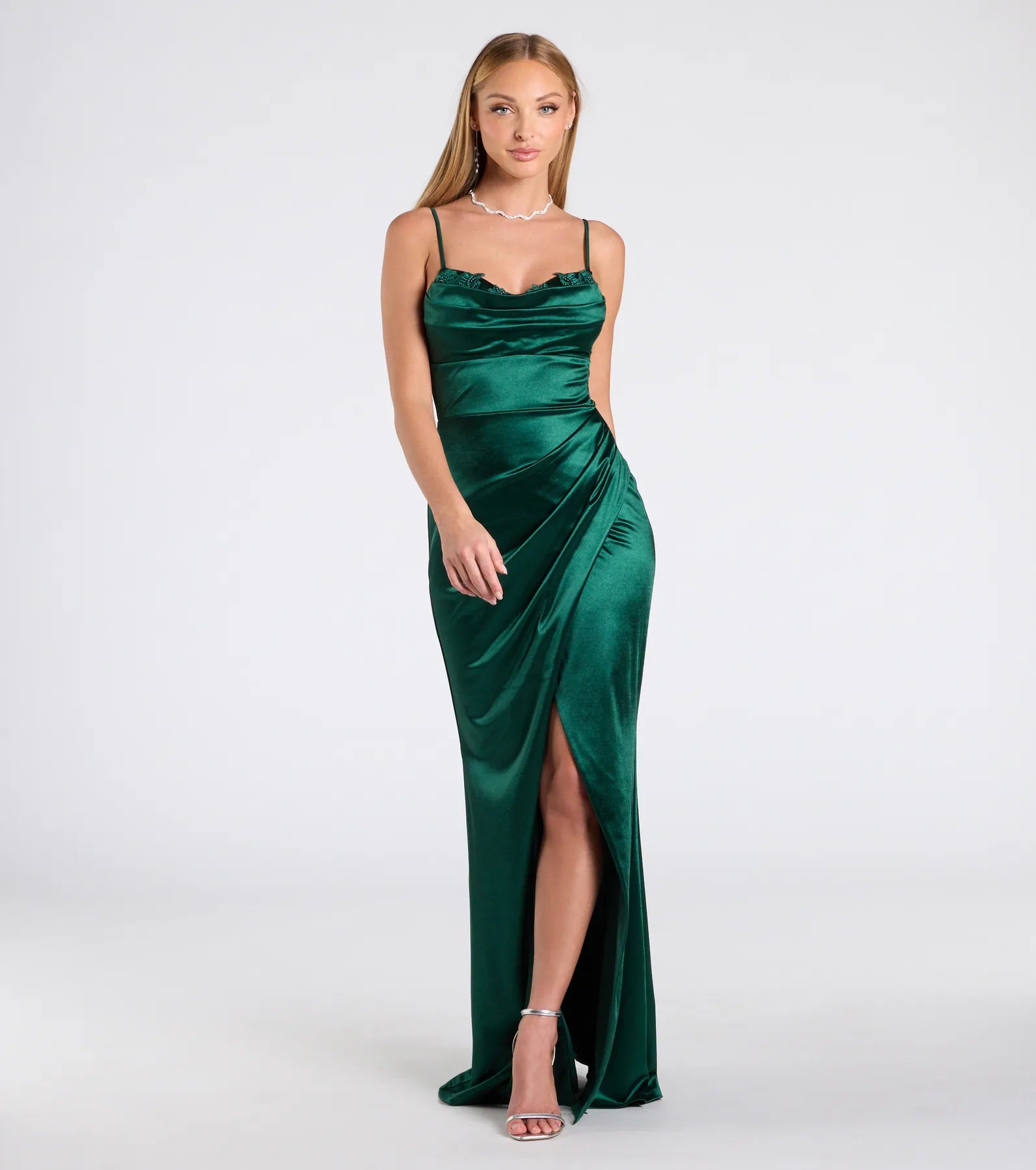 Michelle Applique Trim Wrap Satin Formal Dress