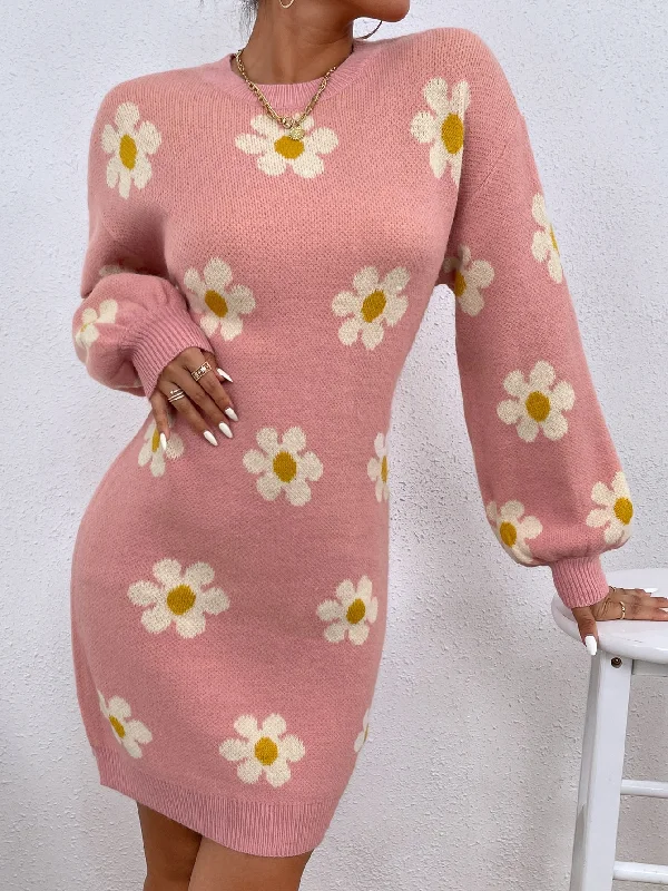 Casual Floral Long Sleeve Round Neck Pencil Natural Short Women Sweater Dress