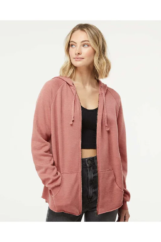 Independent Trading Co. Womens California Wave Wash Full Zip Hooded Sweatshirt Hoodie w/ Pockets - Dusty Rose