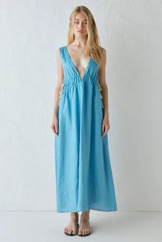 Paros Palms Linen Midi Dress Sea