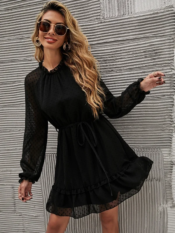 Plain Belted Long Sleeve Stand Collar Flounce High Waist Short Womens Dress