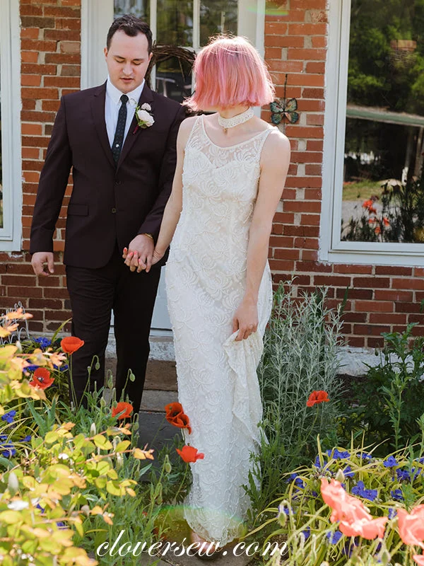 Beaded Rosy Lace Sleeveless Round Neck Sheath Wedding Dresses, CW0274