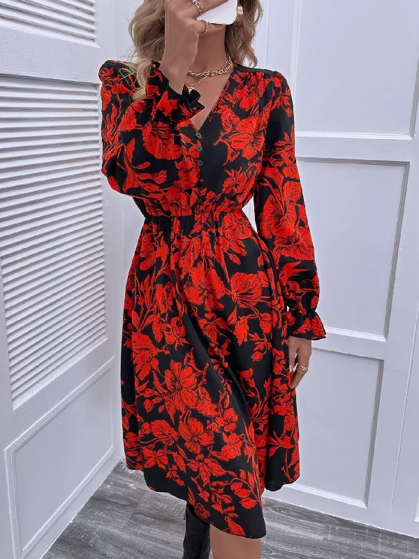 All Over Print Button Long Sleeve V Neck Flared High Waist Knee Length Dress