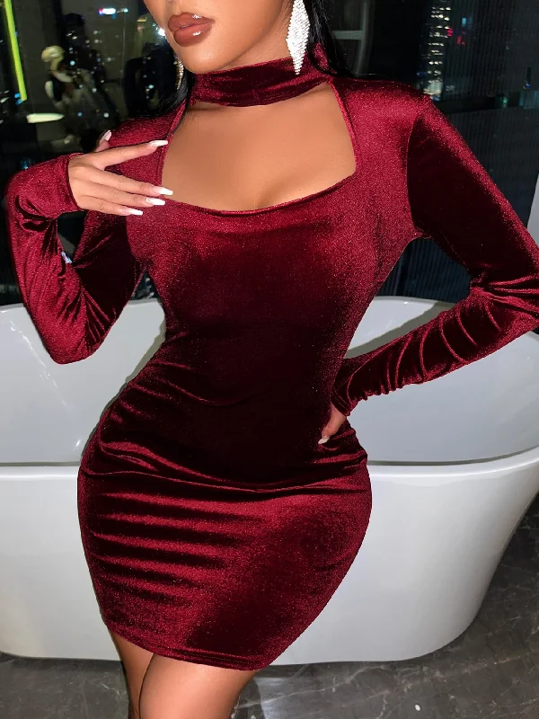 Plain Cut Out Long Sleeve Keyhole Neckline Pencil High Waist Short Dress