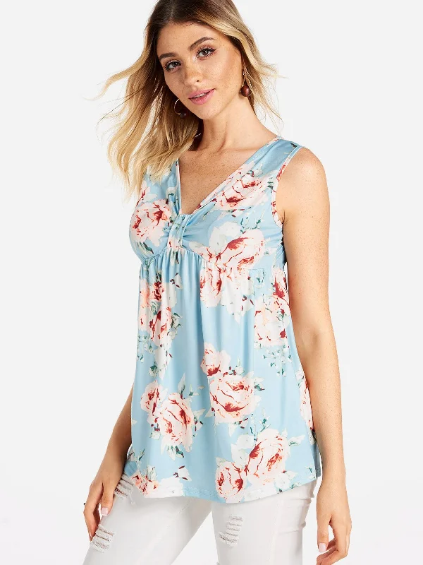 Custom V-Neck Floral Print Sleeveless Blue Tank Top