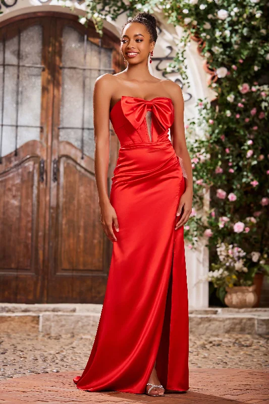 Bowknot Sweetheart Sheath Satin Dresses With Slit