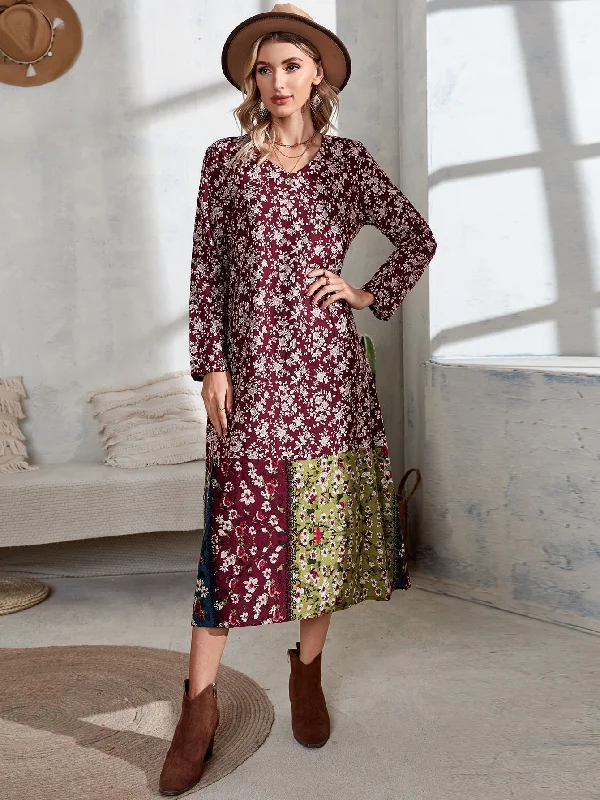 All Over Print Ruffle Hem Long Sleeve V Neck Flounce Drop Waist Long Dress