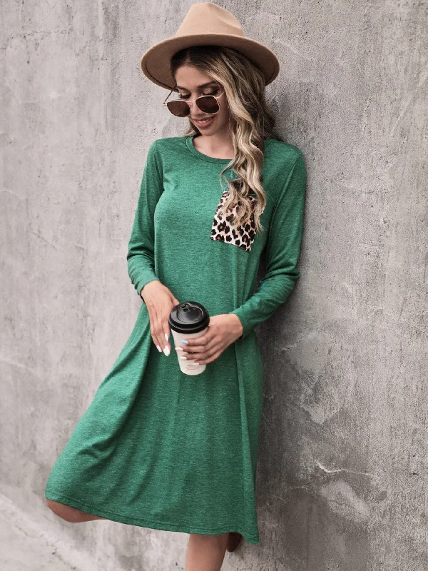 Leopard Pocket Long Sleeve Round Neck Straight Natural Knee Length Dress