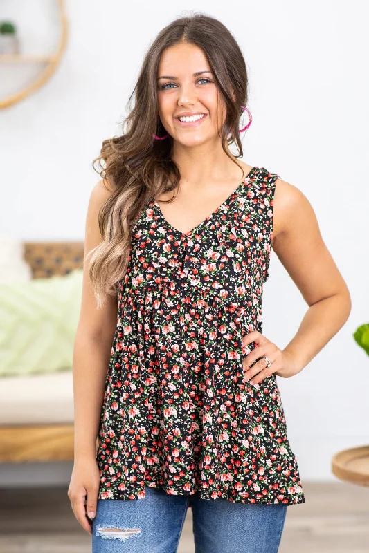 Black and Red Multicolor Ditsy Floral Tank