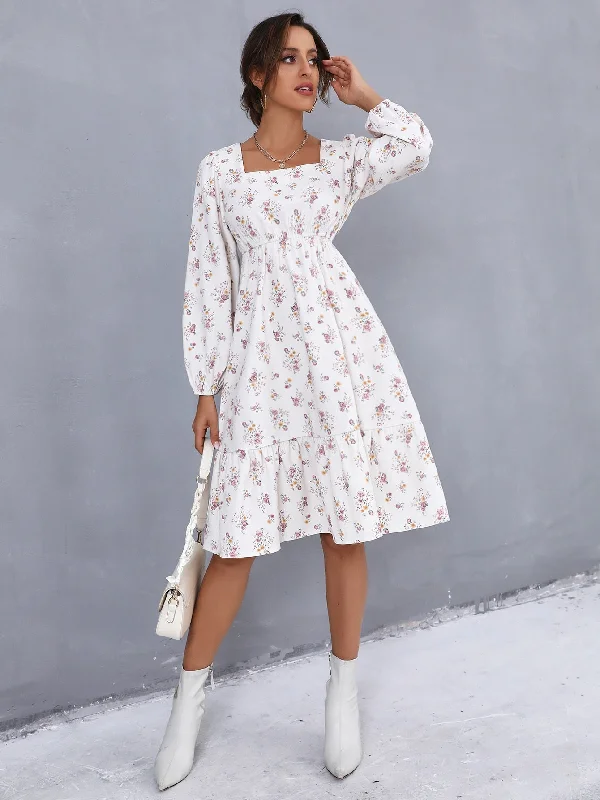 All Over Print Ruffle Hem Long Sleeve Square Neck Flounce High Waist Midi Dress