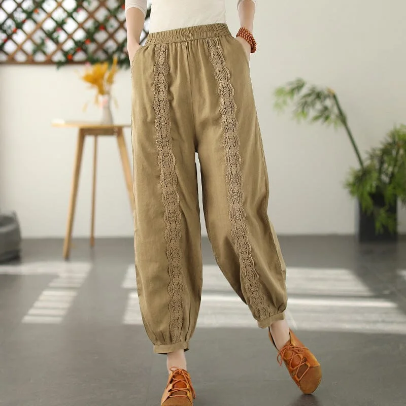 Spring Linen Lace Trim Patchwork Solid Pants