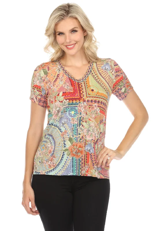 Johnny Was The Janie Mosaic Favorite Short Sleeve V-Neck Tee Boho Chic T17324