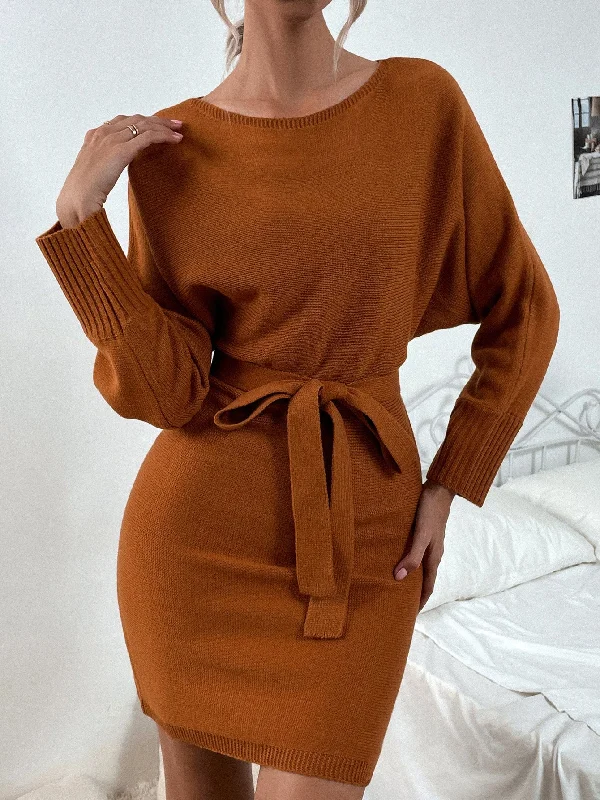 Elegant Plain Belted Long Sleeve Round Neck Pencil Natural Short Women Sweater Dress