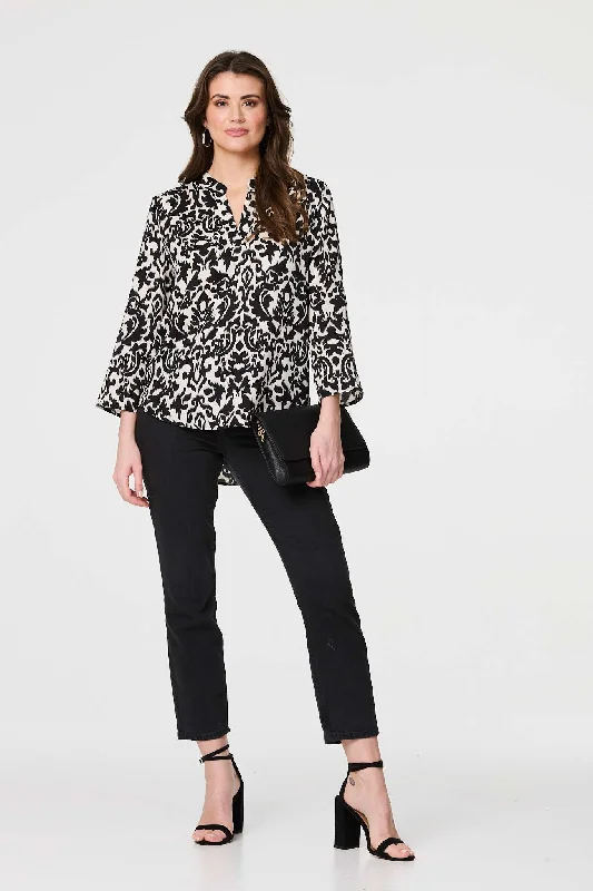 Printed 3/4 Sleeve Curve Hem Blouse