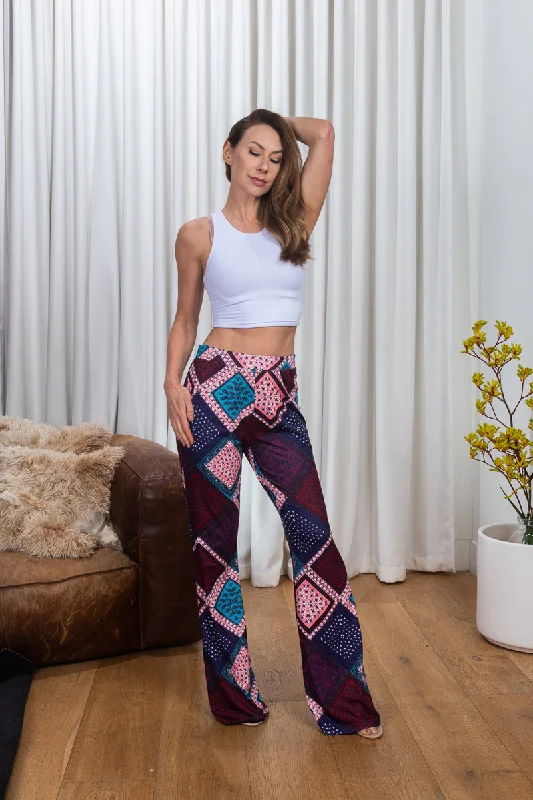 Multi Color Geo Print High Waist Flare Leg Palazzo Pants in Indigo & Pink* (155709)