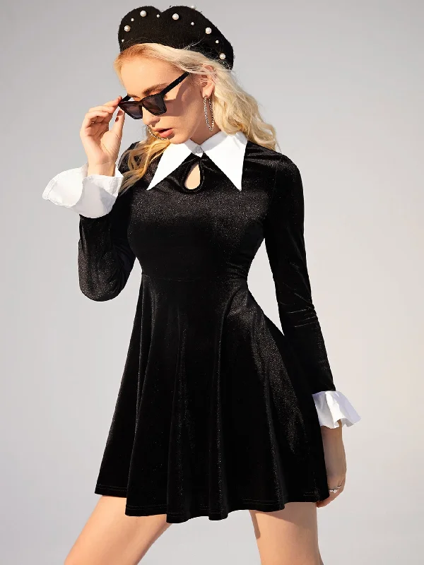 Colorblock Cut Out Long Sleeve Collar Flared High Waist Short Dress