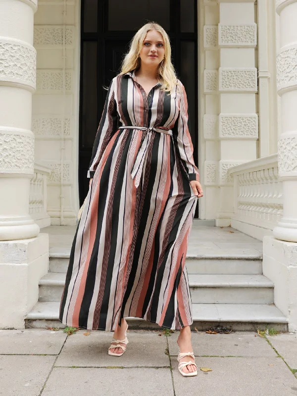 Casual Striped Button Front Long Sleeve Collar Straight High Waist Maxi Plus Size Dress