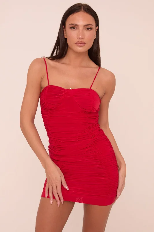 Red Ruching Detail Shoulder Straps Bodycon Mini Dress - Aster