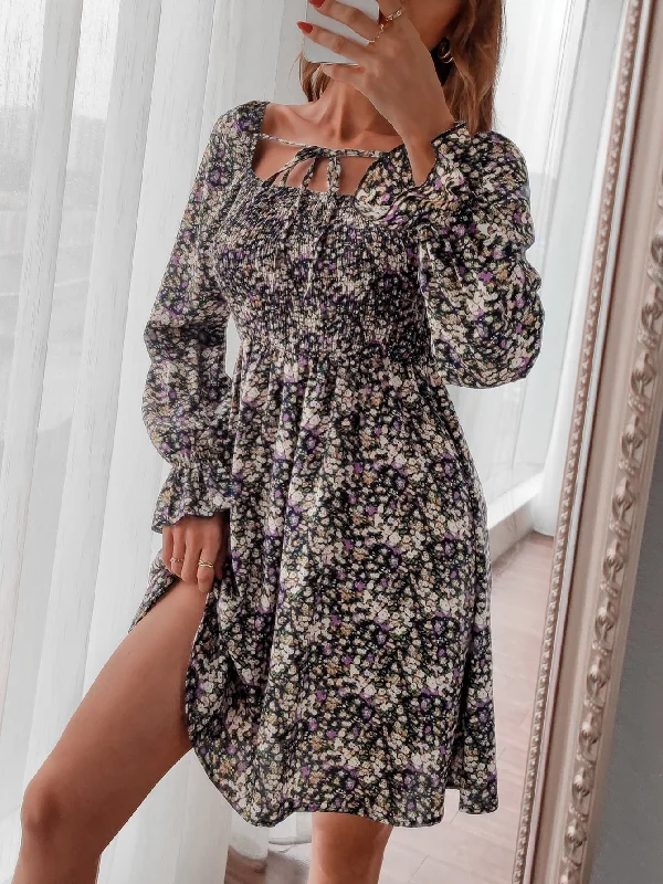 Ditsy Floral Tie Front Long Sleeve Square Neck Flared High Waist Short Womens Dress