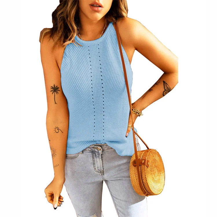 Solid Color Sleeveless Hollow Casual Knit Loose Womens Vests Wholesale Tank Tops