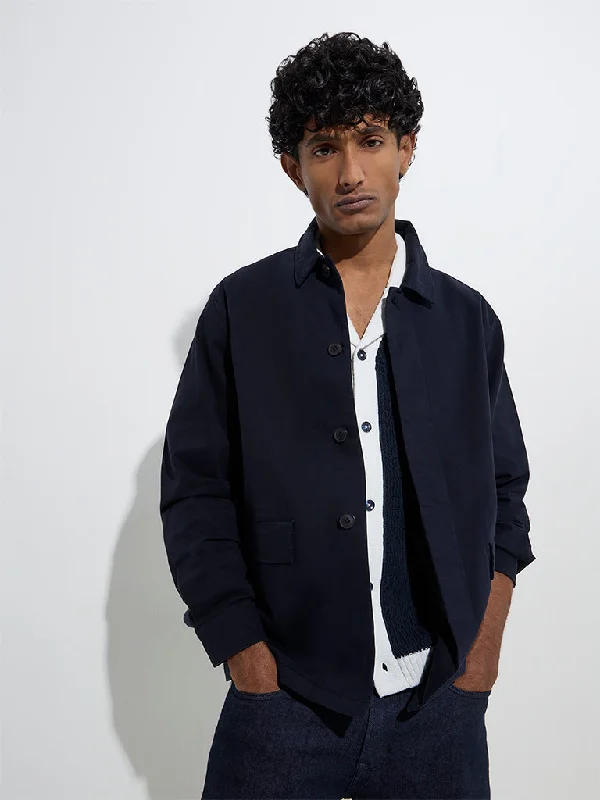 Ascot Navy Solid Relaxed-Fit Cotton Jacket