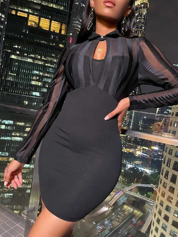 Plain Contrast Mesh Long Sleeve Collar Pencil High Waist Mini Dress