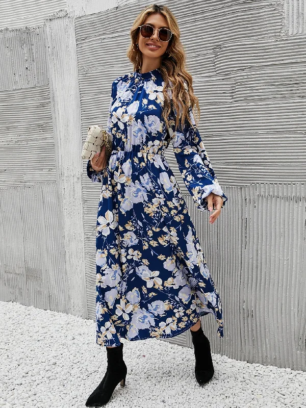 Floral Long Sleeve Stand Collar Flared High Waist Long Dress