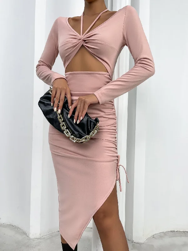 Plain Ruched Bust Long Sleeve V Neck Slit High Waist Midi Dress